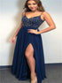 Spaghetti Straps Backless A Line Slit Prom Dress with Beadings LBQ0854